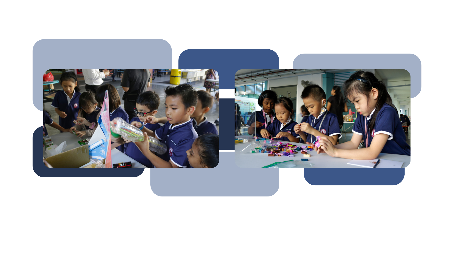 Students in school uniforms engaged in hands-on activities during the iCare Assembly, with one group working on a craft project using recycled materials and another group building with colourful blocks